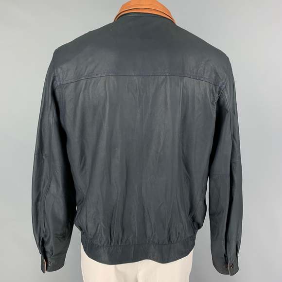 REMY Navy Tan Leather Zip Up Jacket - Picture 4 of 6